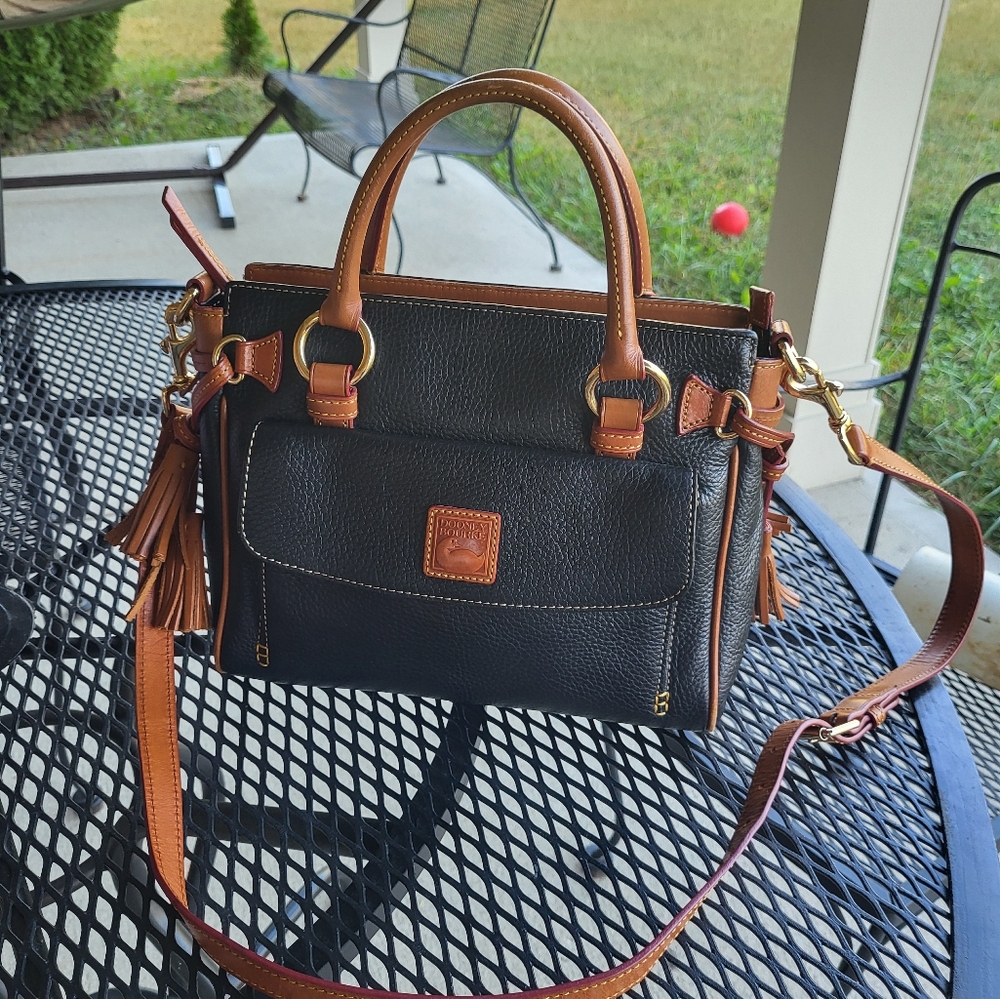 Dooney & Bourke Black Pebble Grain Leather Medium Pocket Satchel with tassels